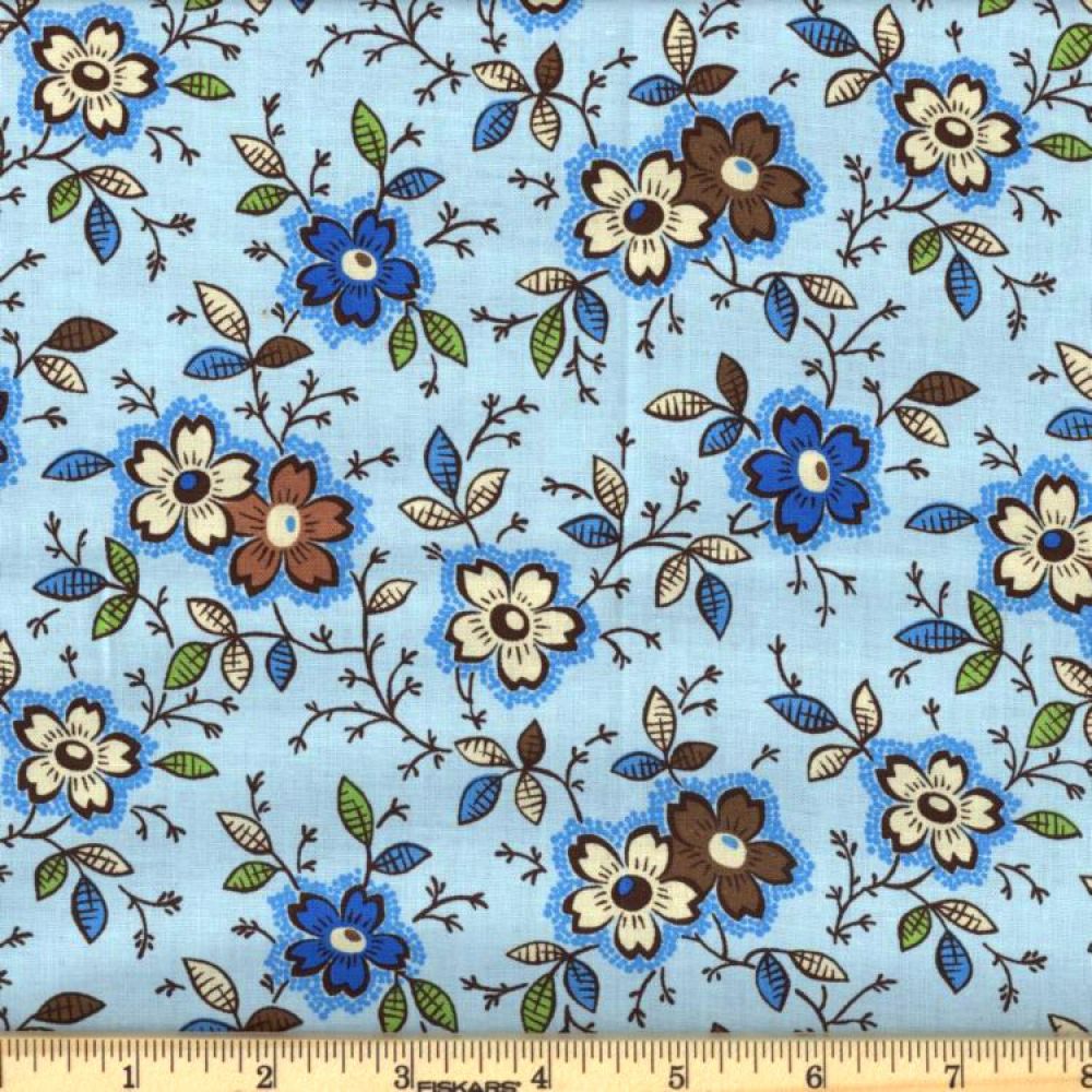 Lt Blue Happy Floral 45" Wide Cotton Fabric Per Yard