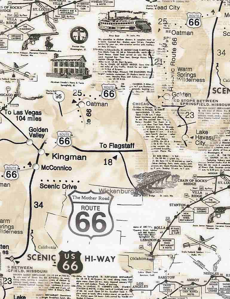 Natural Map of Route 66 Cotton 44"/45" Fabric Per Yard