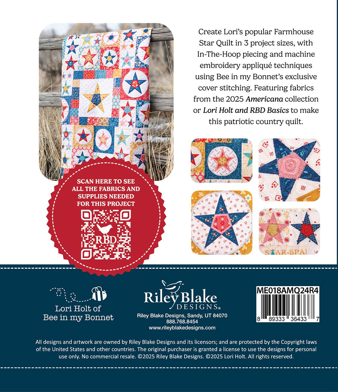 Americana Farmhouse Star Quilt Machine Embroidery USB 45" wide fabric per yard