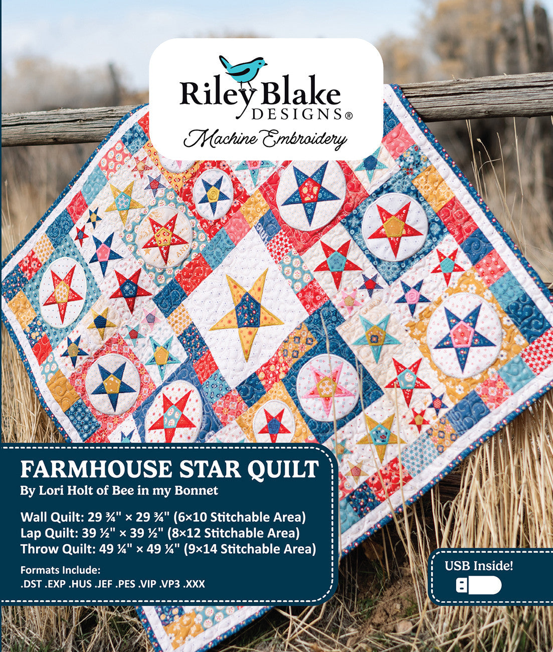 Americana Farmhouse Star Quilt Machine Embroidery USB 45" wide fabric per yard