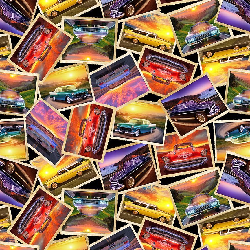 Multi-Color Route 66 Classic Cars on Sunset Cotton 44"/45" Fabric Per Yard
