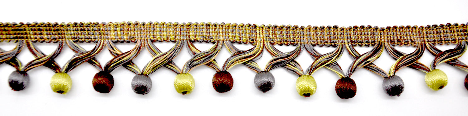 MIlante Collection - 1 3/4" Length BALL FRINGE (25 Yard Roll) - BF-1481-63/49 Lime, Grey and Brown