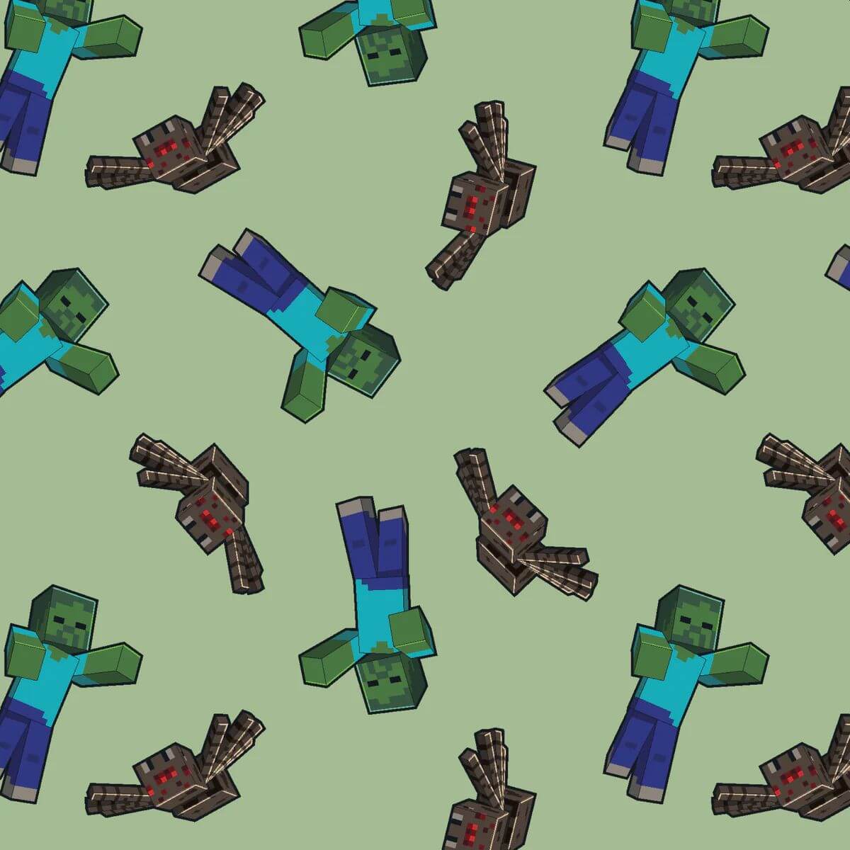 Minecraft zombies and spiders toss green licensed quilting cotton by the yard