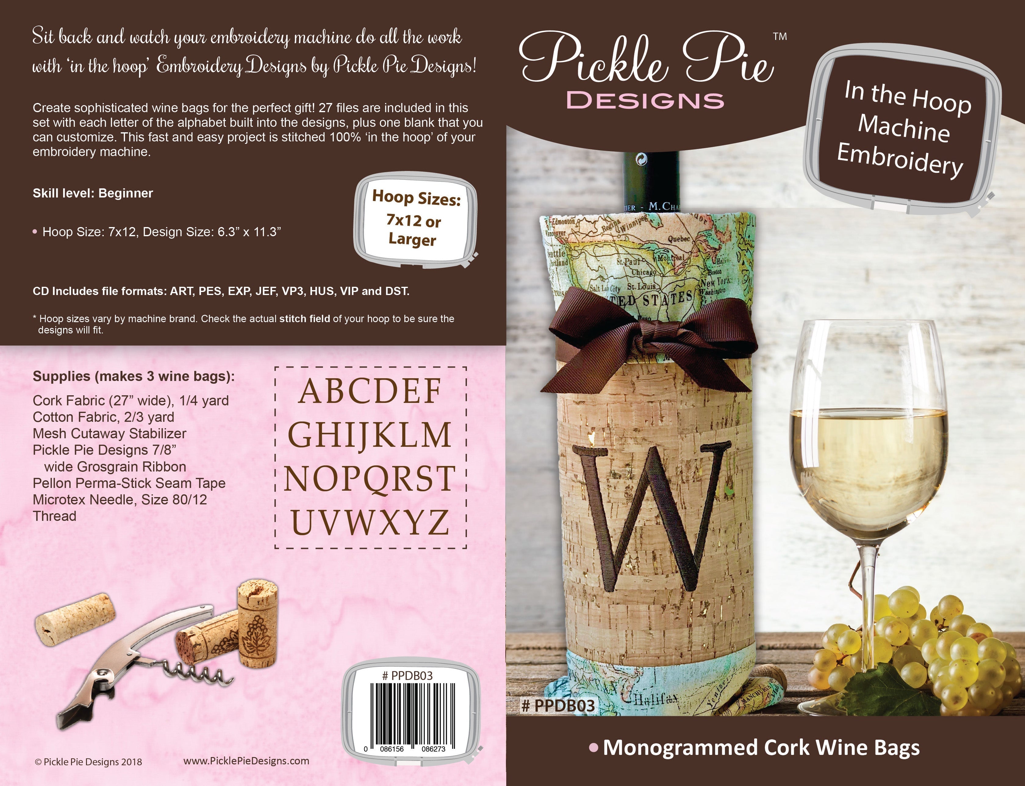 Monogrammed Cork Wine Bags In the Hoop Embroidery Design Collection