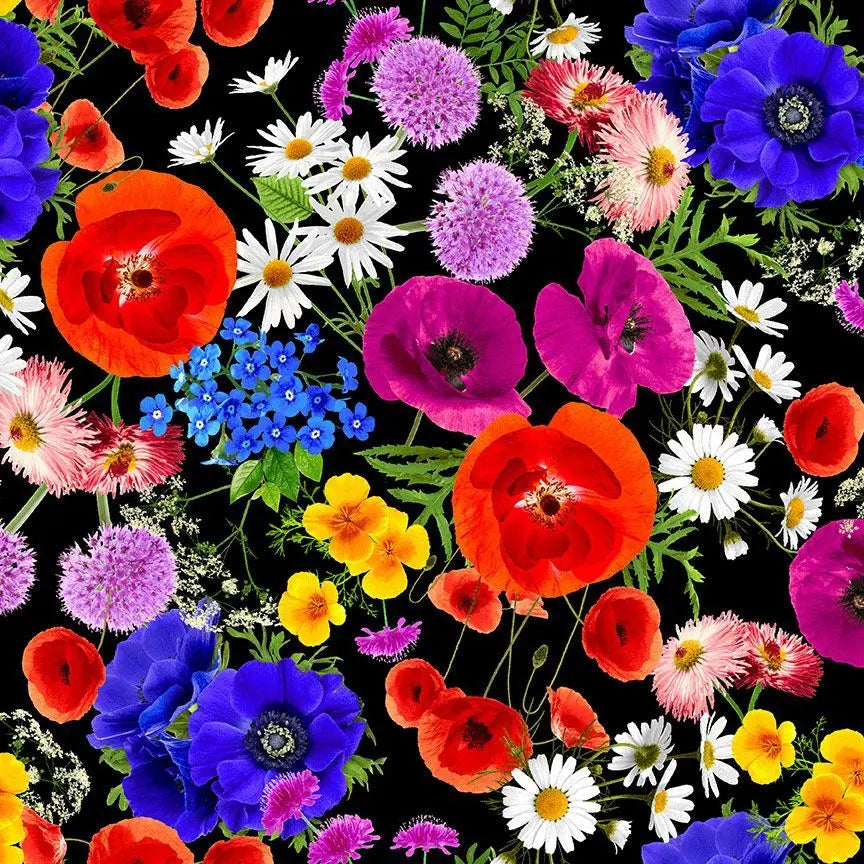 Multi Black Large Colorful Bright Florals Cotton Wideback Fabric Per Yard Timeless Treasures