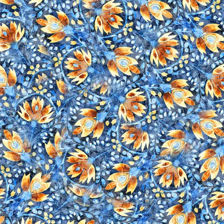 Multi Color Blue Floral Toss Cotton Wideback Fabric per yard - Linda's Electric Quilters