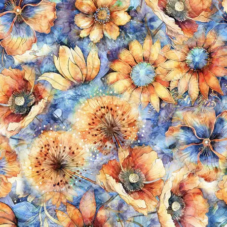 Multi Color Blue Packed Floral Cotton Wideback Fabric per yard - Linda's Electric Quilters