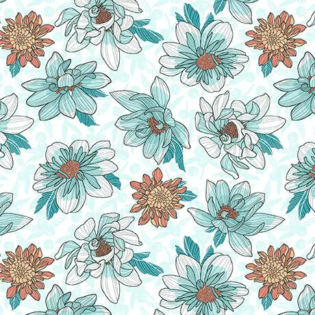 White Dahlias at Dusk Floral Toss Cotton 44"/45" Fabric Per Yard