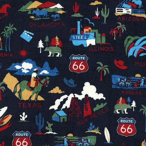 Navy The Mother Road Route 66 Cotton 44"/45" Fabric Per Yard