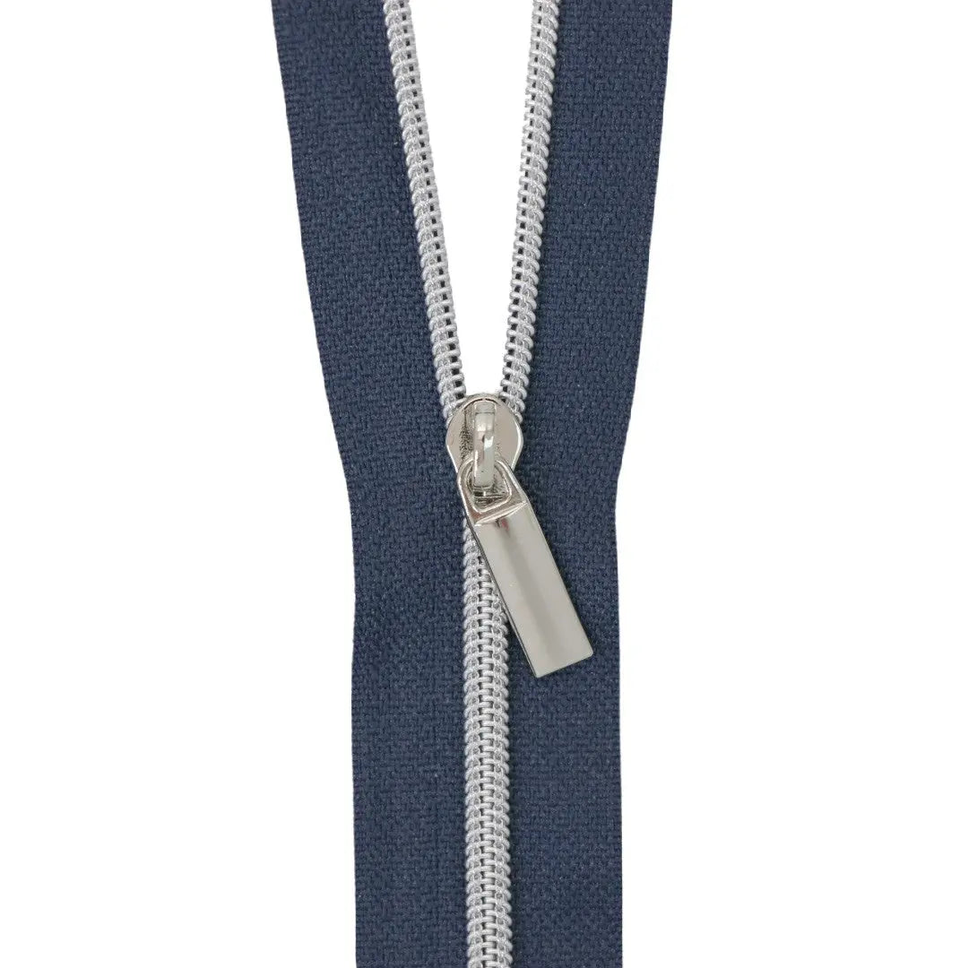 Navy #3 Nylon Nickel Coil Zippers: 3 Yards with 9 Pulls