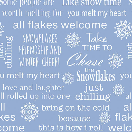 Benartex Nordic Cabin winter words blue metallic quilting cotton by the yard