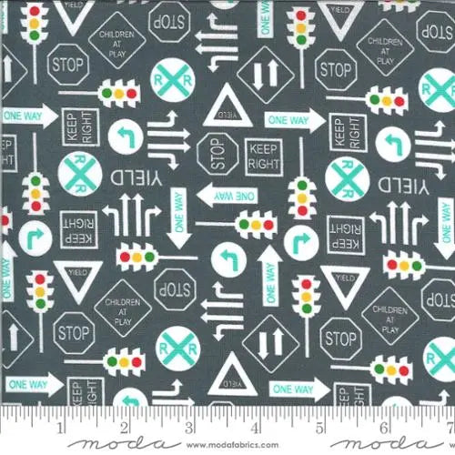 On The Go Grey Traffic Signs Asphalt 44"/45" Fabric Per Yard Moda Fabrics & Supplies