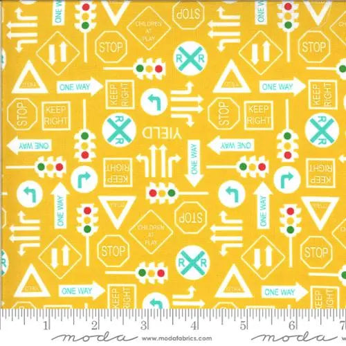 On The Go Yellow Traffic Signs Backhoe 44"/45" Fabric Per Yard Moda Fabrics & Supplies