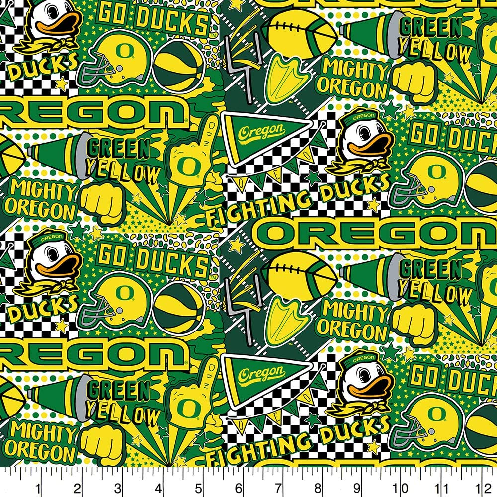 Oregon Ducks Pop Art licensed collegiate quilting fabric, green and yellow team print on cotton, sold by the yard