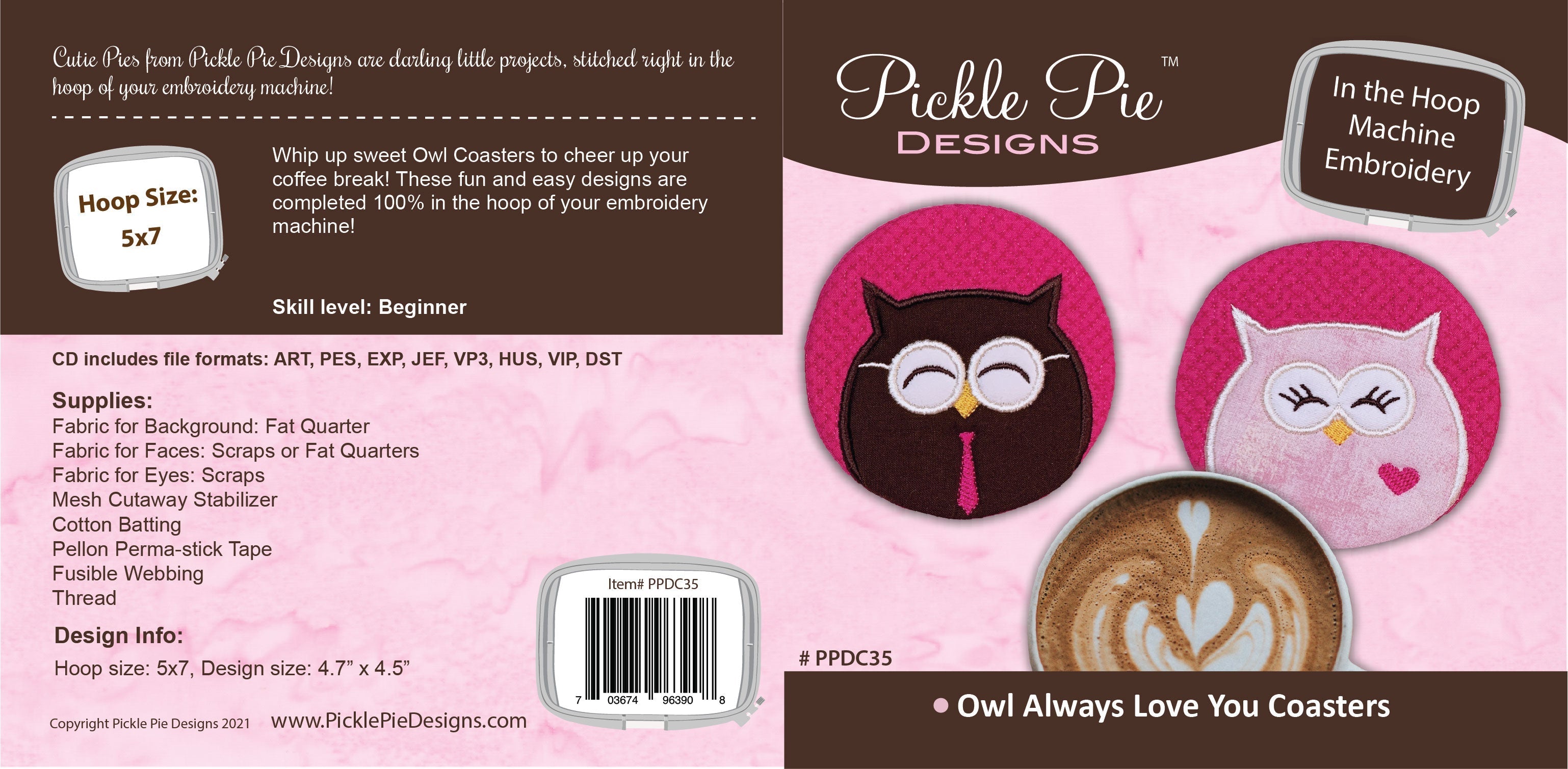 Owl Always Love You Coasters In the Hoop Embroidery Design Collection