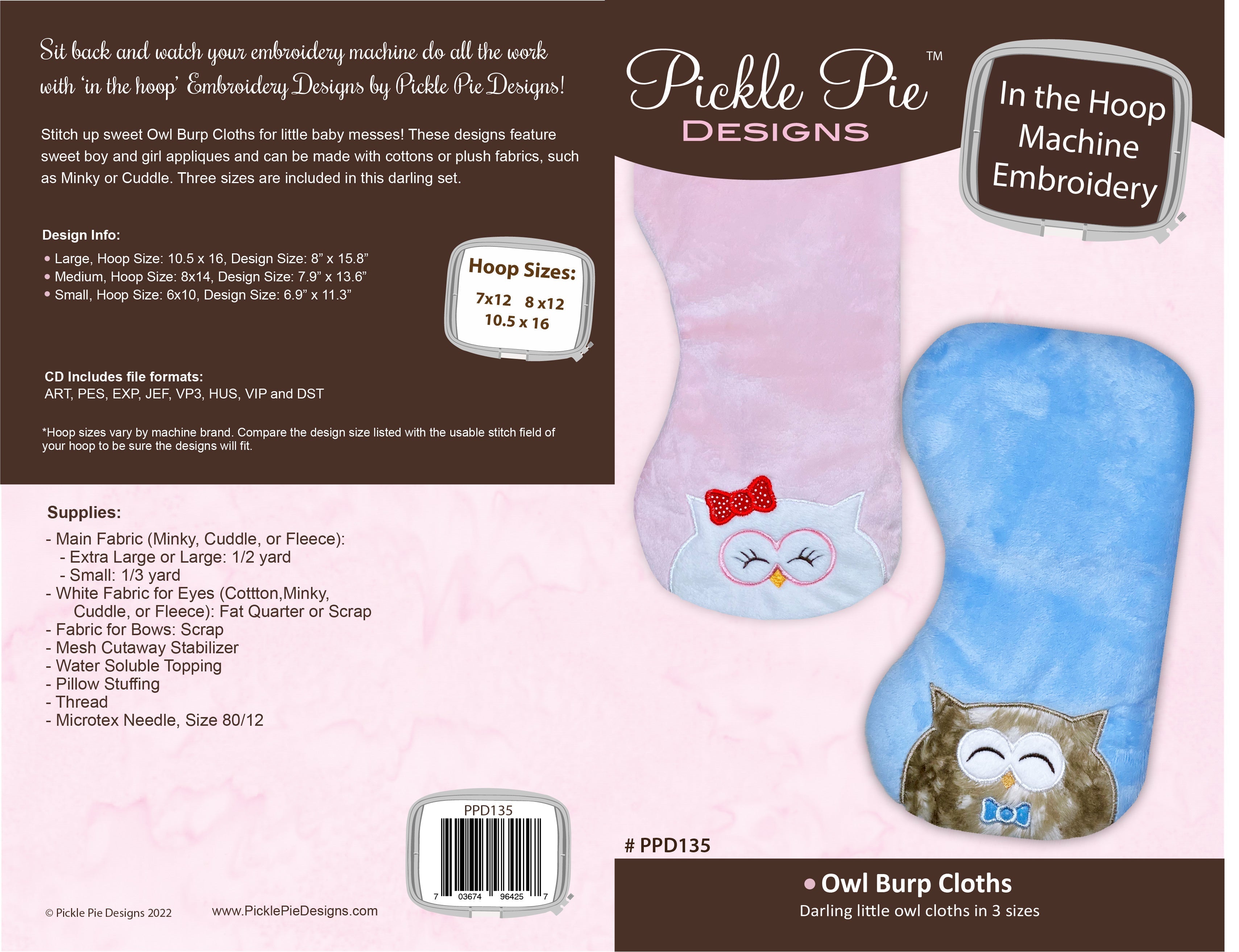 Owl Burp Cloths In the Hoop Machine Embroidery Design Set