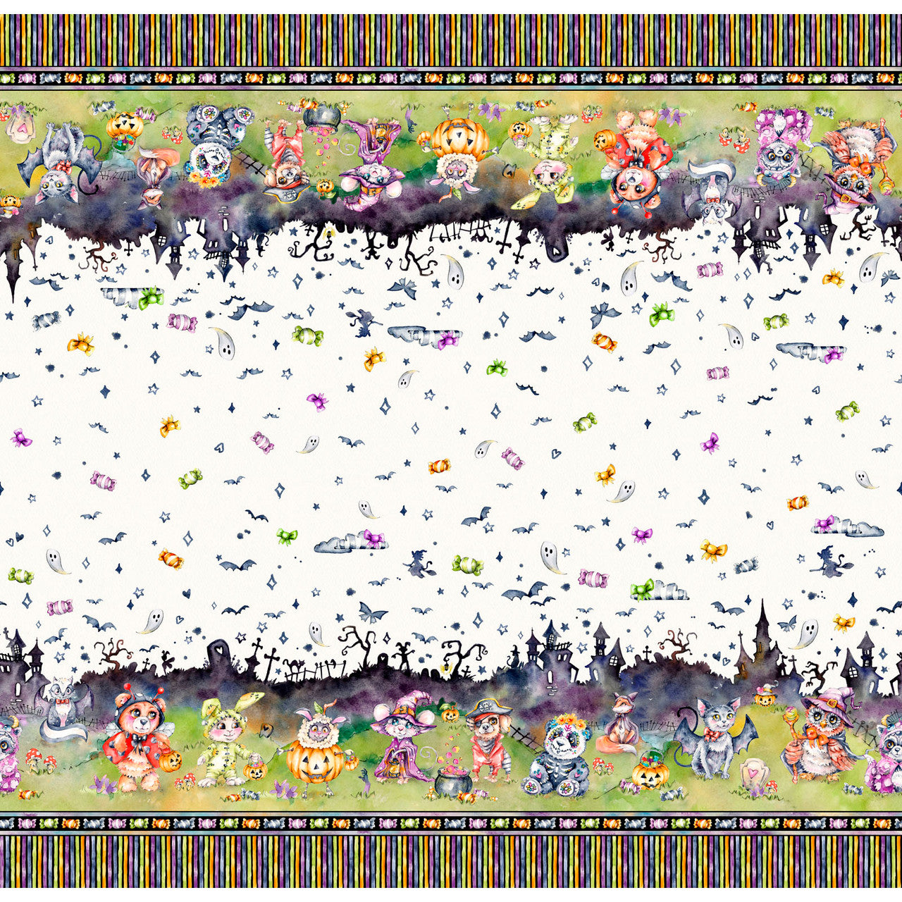 Halloween Scene Double Border Multi Cotton 44"/45" Fabric Per Yard