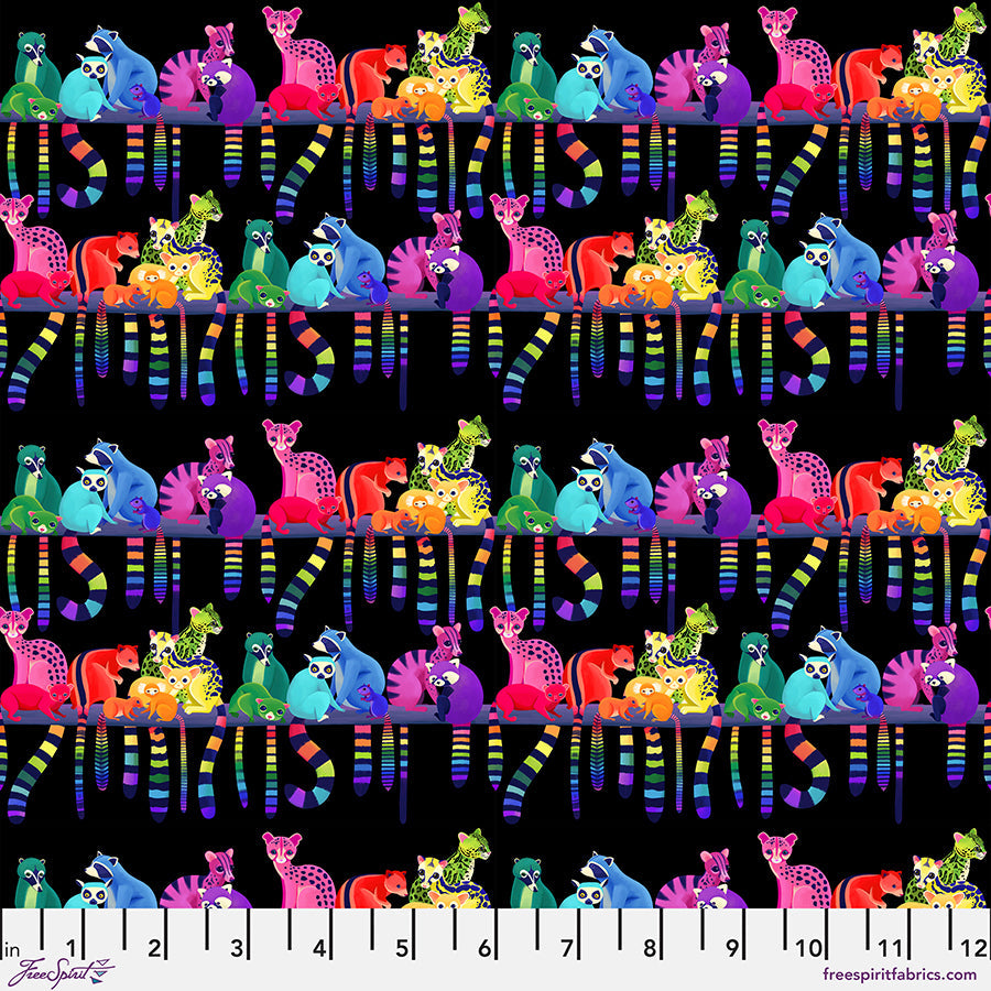 Free Spirit Love in the Wild Ringtail Love Night Black quilting fabric