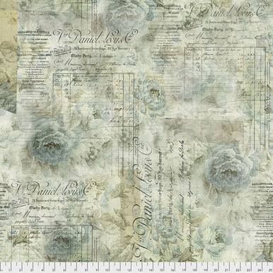 Tim Holtz Memoranda Receipt quilting cotton in Aqua