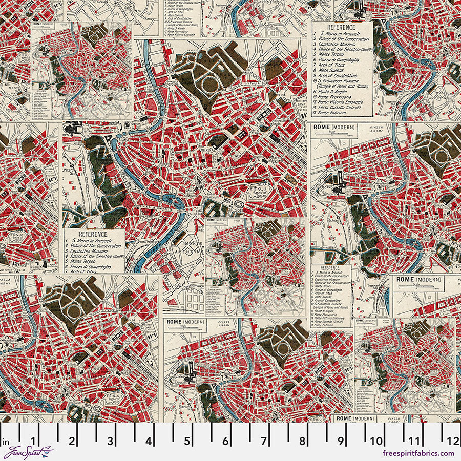 FreeSpirit Tim Holtz Palette map quilting cotton fabric in Red