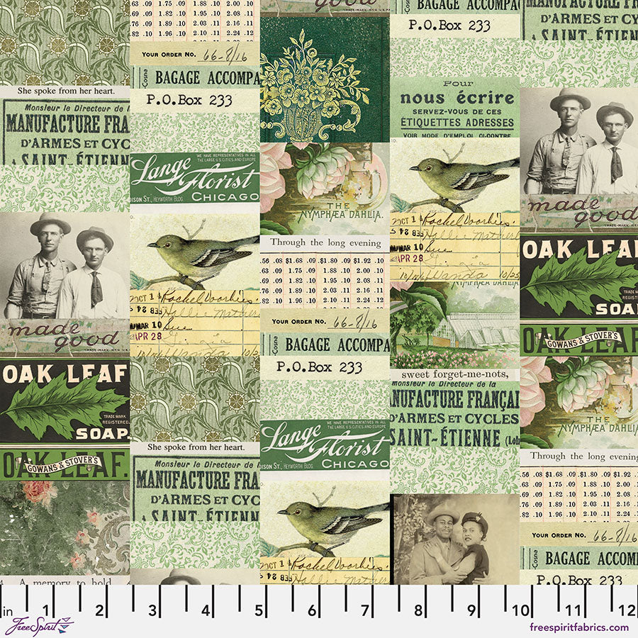 Tim Holtz Collage quilting cotton in Green