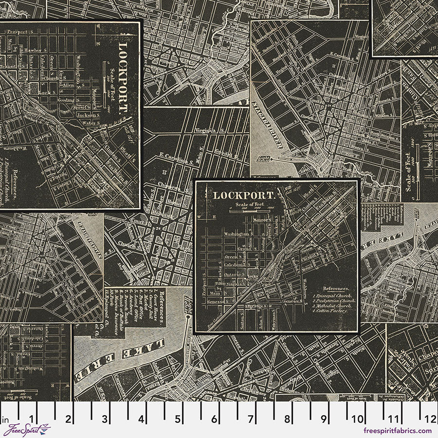 Free Spirit Tim Holtz Palette Charcoal Map quilting fabric