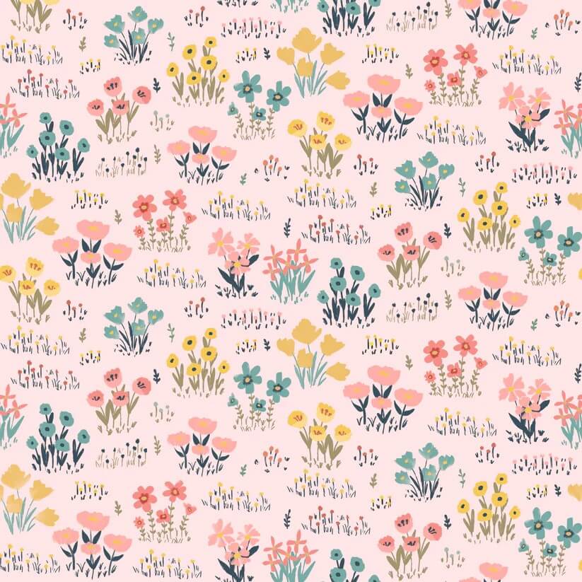 Poppie Cotton Painted Blossoms wild flowers pink quilting cotton by the yard