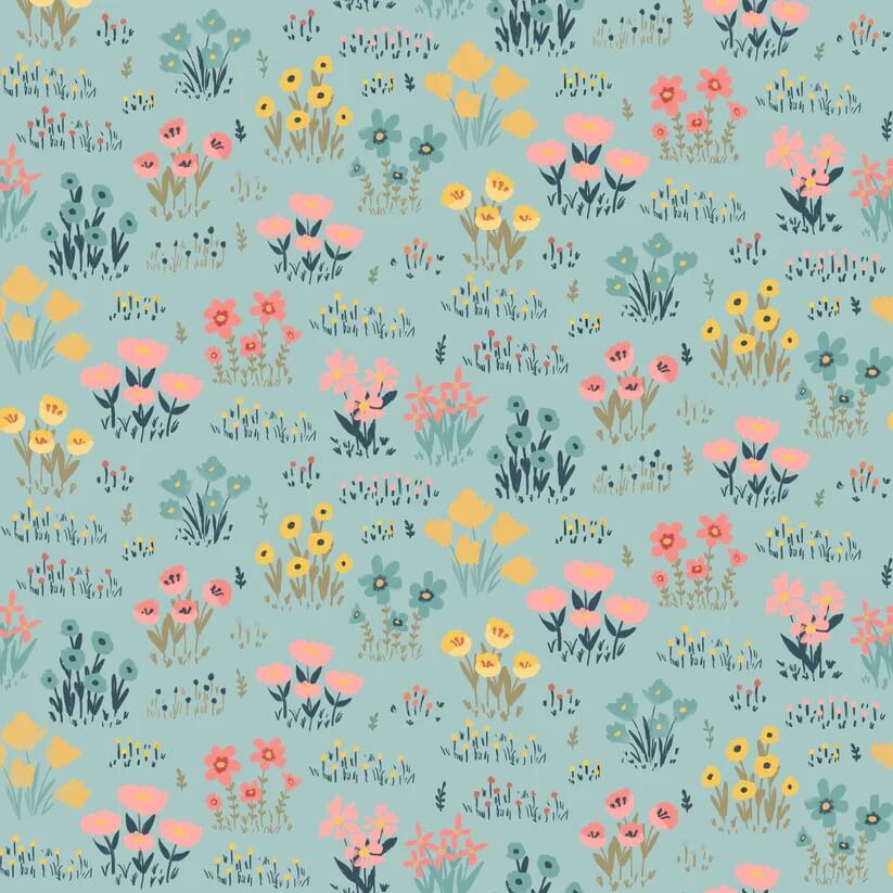 Painted Blossoms Wild Flowers quilting fabric in teal by Poppie Cotton, painted floral print on teal cotton, sold by the yard
