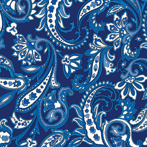 Paradise Park Park Bench quilting fabric in blue by Pat Sloan for Benartex, floral paisley print on blue cotton, sold by the yard