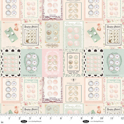 Parisian Snippets Digital Ecru Buttons Cotton 44"/45" Fabric Per Yard