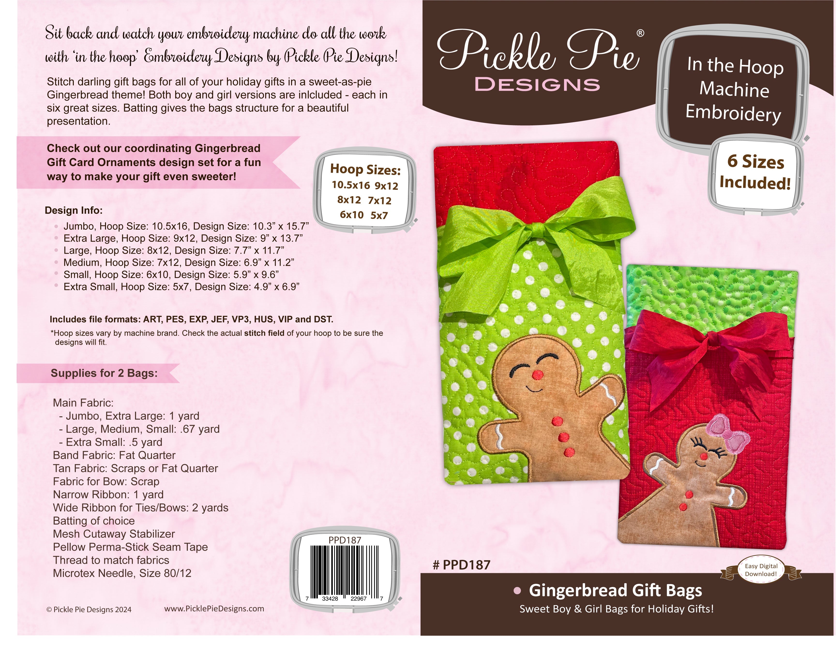 Gingerbread Gift Bags In the Hoop Machine Embroidery Design