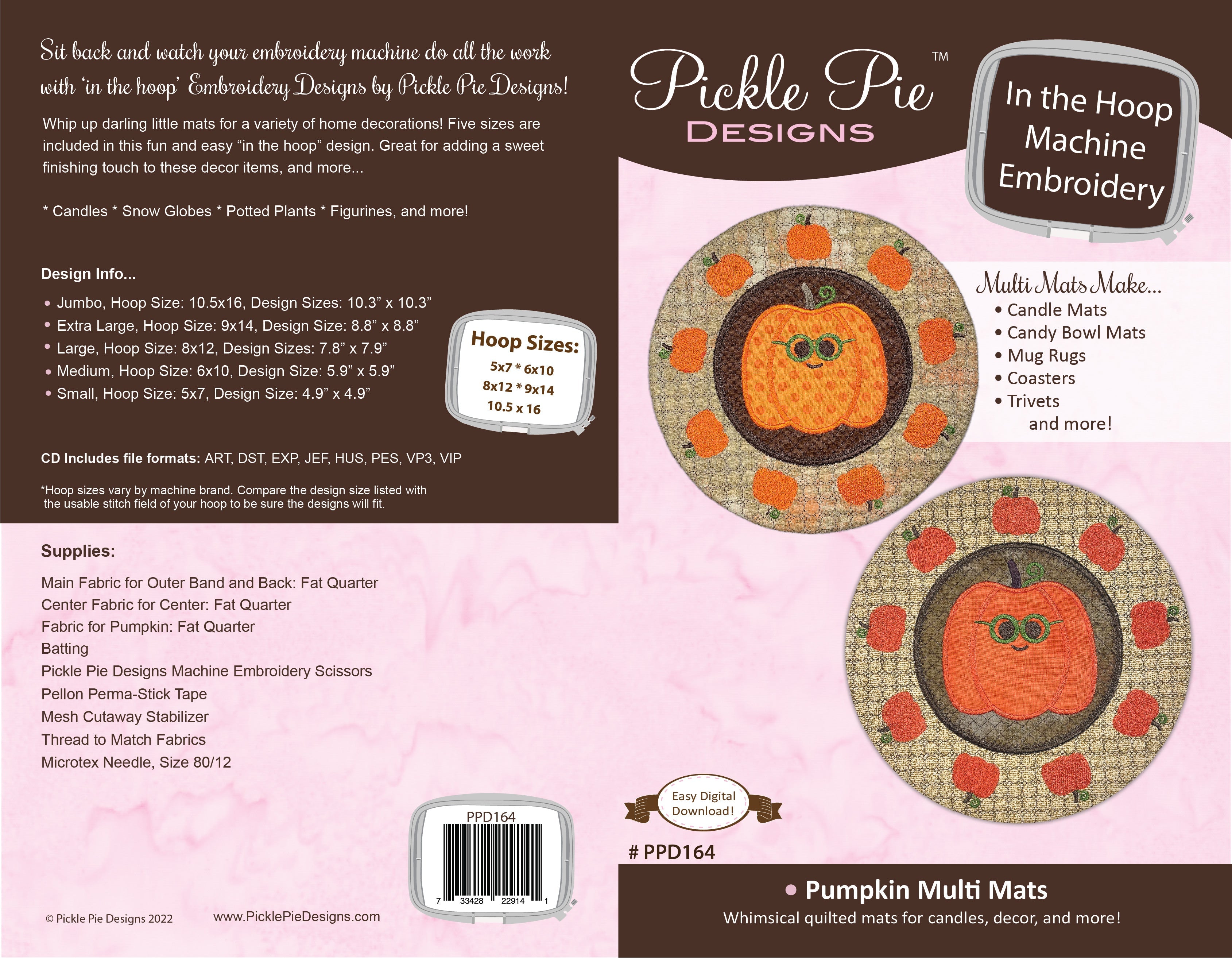 Pumpkin Multi Mats In the Hoop Machine Embroidery Design Set