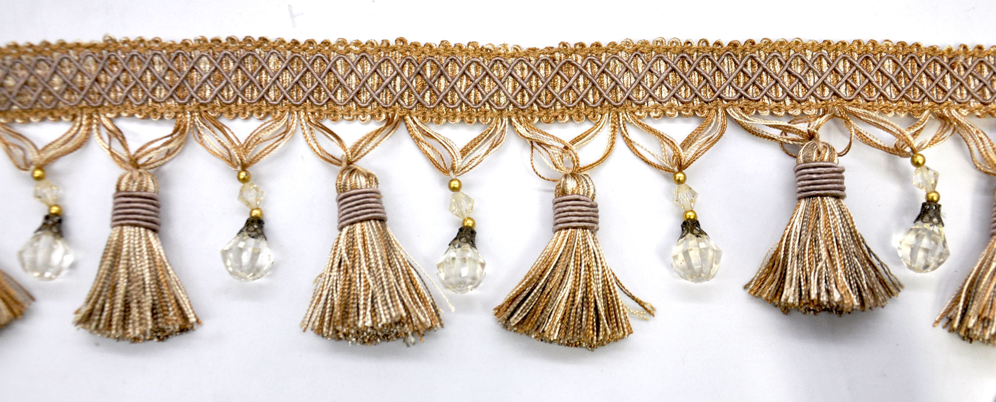 Paulette Collection - 4" width BEADED TASSEL FRINGE (25 Yard Roll) - BF-4027-16/36 Gold and Taupe