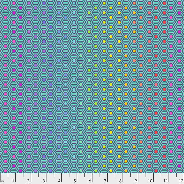 Peacock Hexy Rainbow Tula's True Colors 44"/45" Cotton Fabric Per Yard