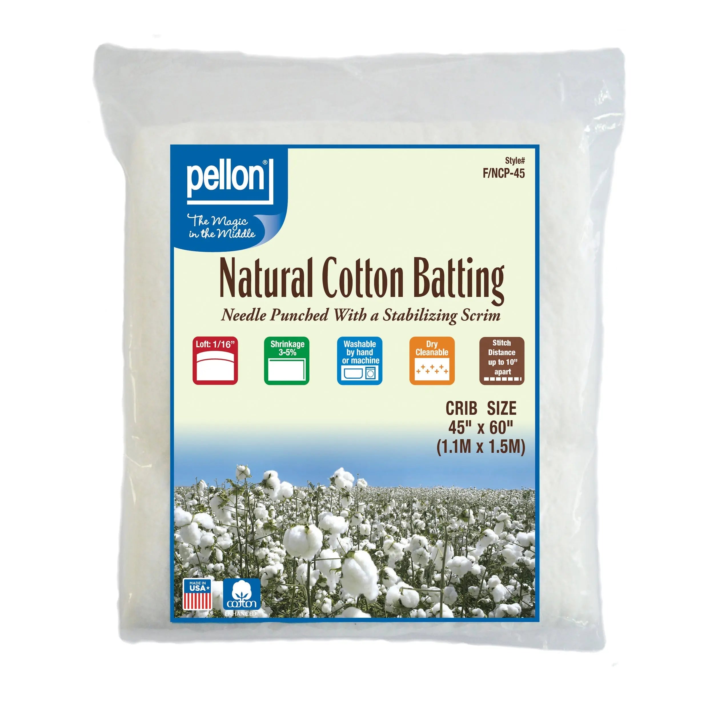 Pellon® Natural Cotton Batting With Scrim  45" x 60" Crib Size Package. Pellon