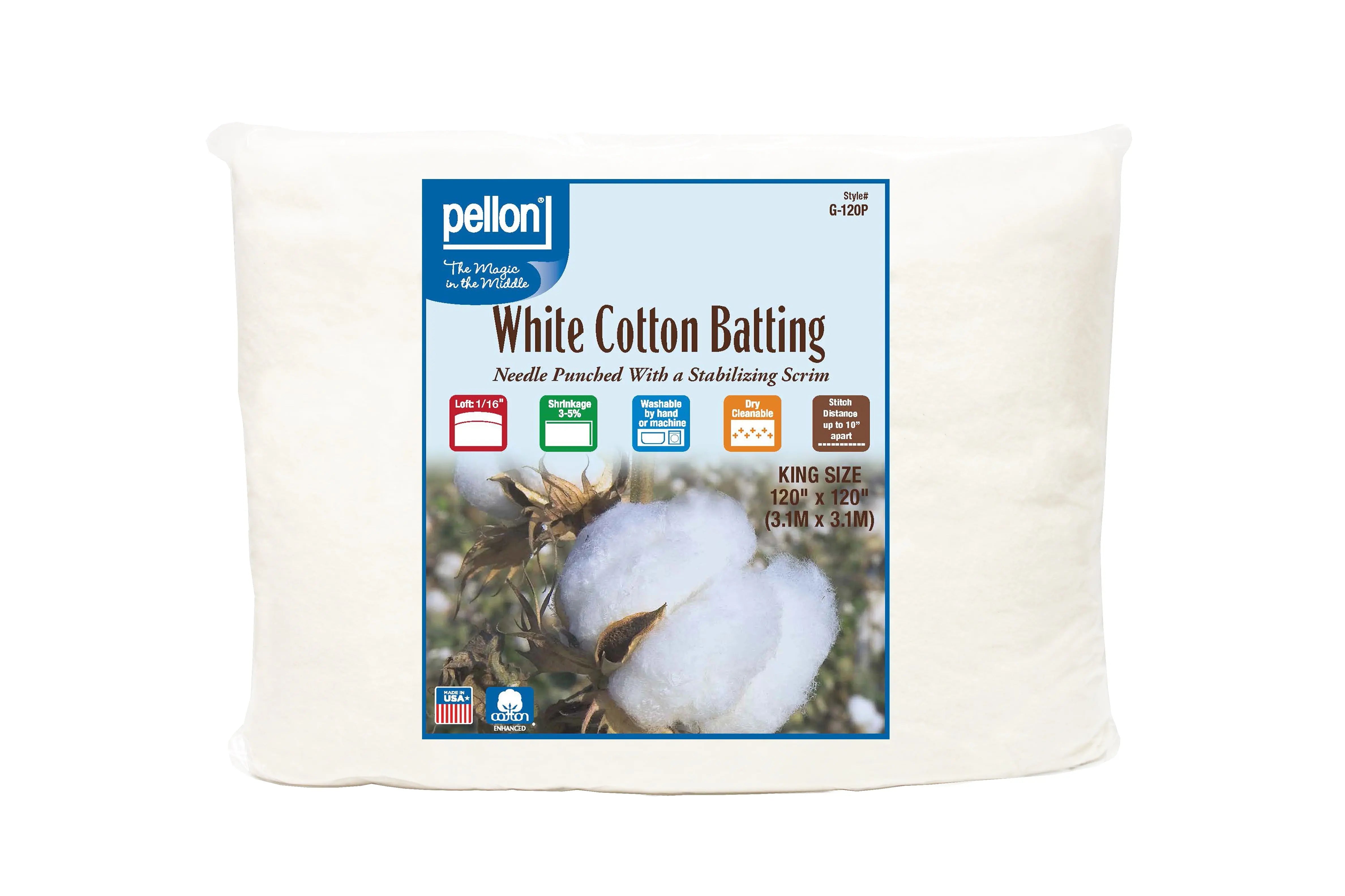 Pellon® White Cotton Batting With Scrim  120" x 120" King Size Package. Pellon