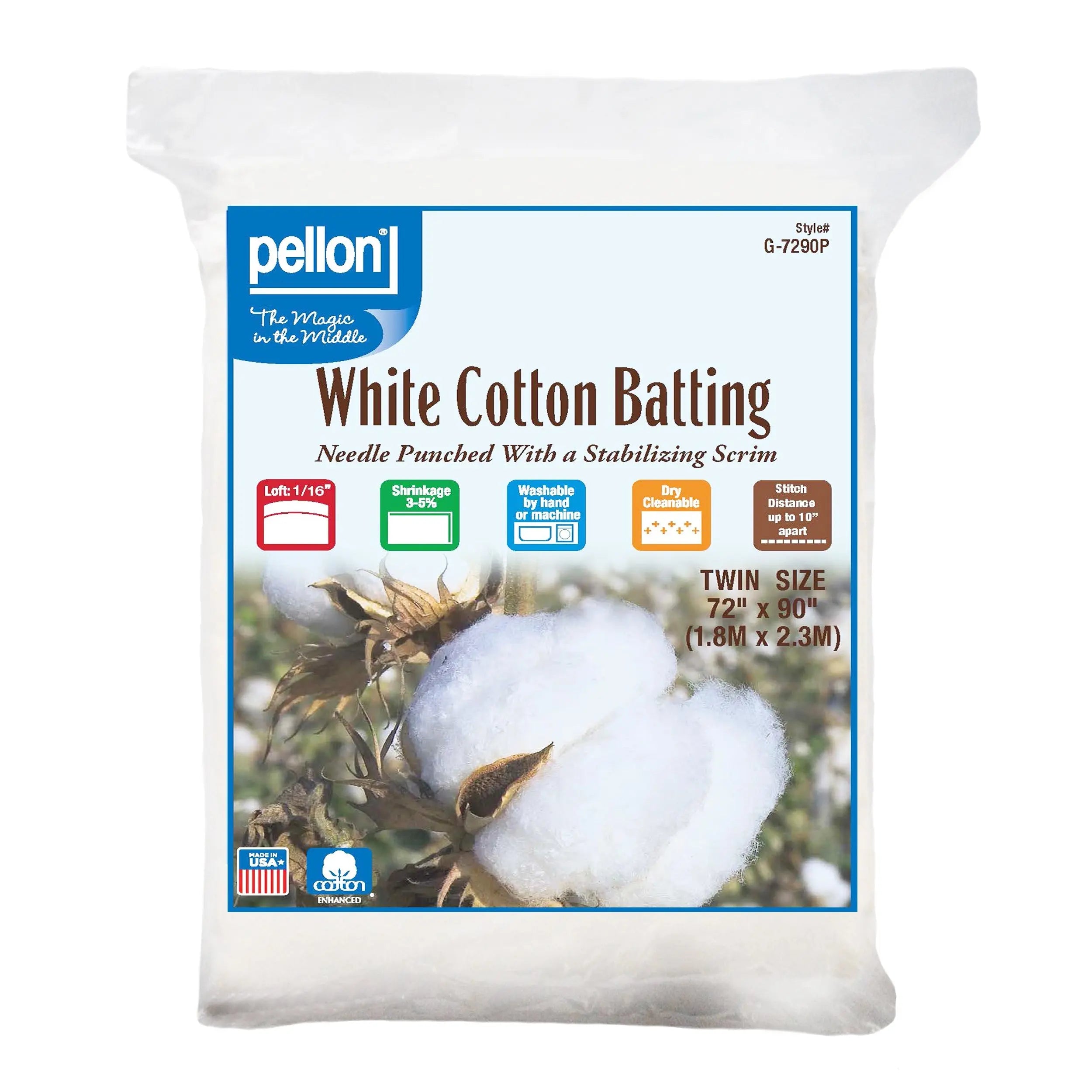 Pellon® White Cotton Batting With Scrim  72" x 90" Twin Size Package. Pellon