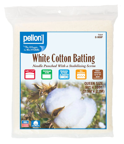 Pellon® White Cotton Batting With Scrim 90" x 108" Queen Size Package.