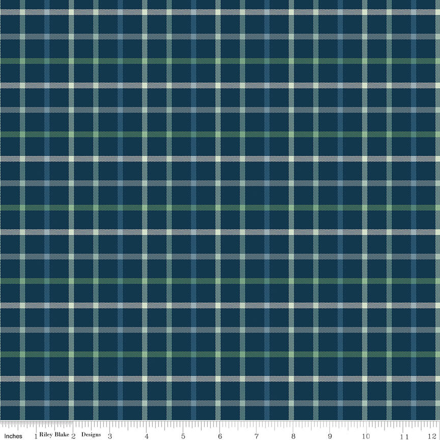 Plaid-Venture Club Camper quilting fabric in navy by Riley Blake Designs, camper plaid print on navy cotton, sold by the yard