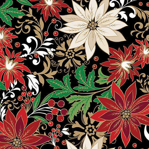 Poinsettia Jacobean Black Cotton 44"/45" Fabric Per Yard