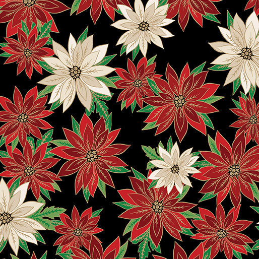 Poinsettias In Bloom Black  Cotton 44"/45" Fabric Per Yard