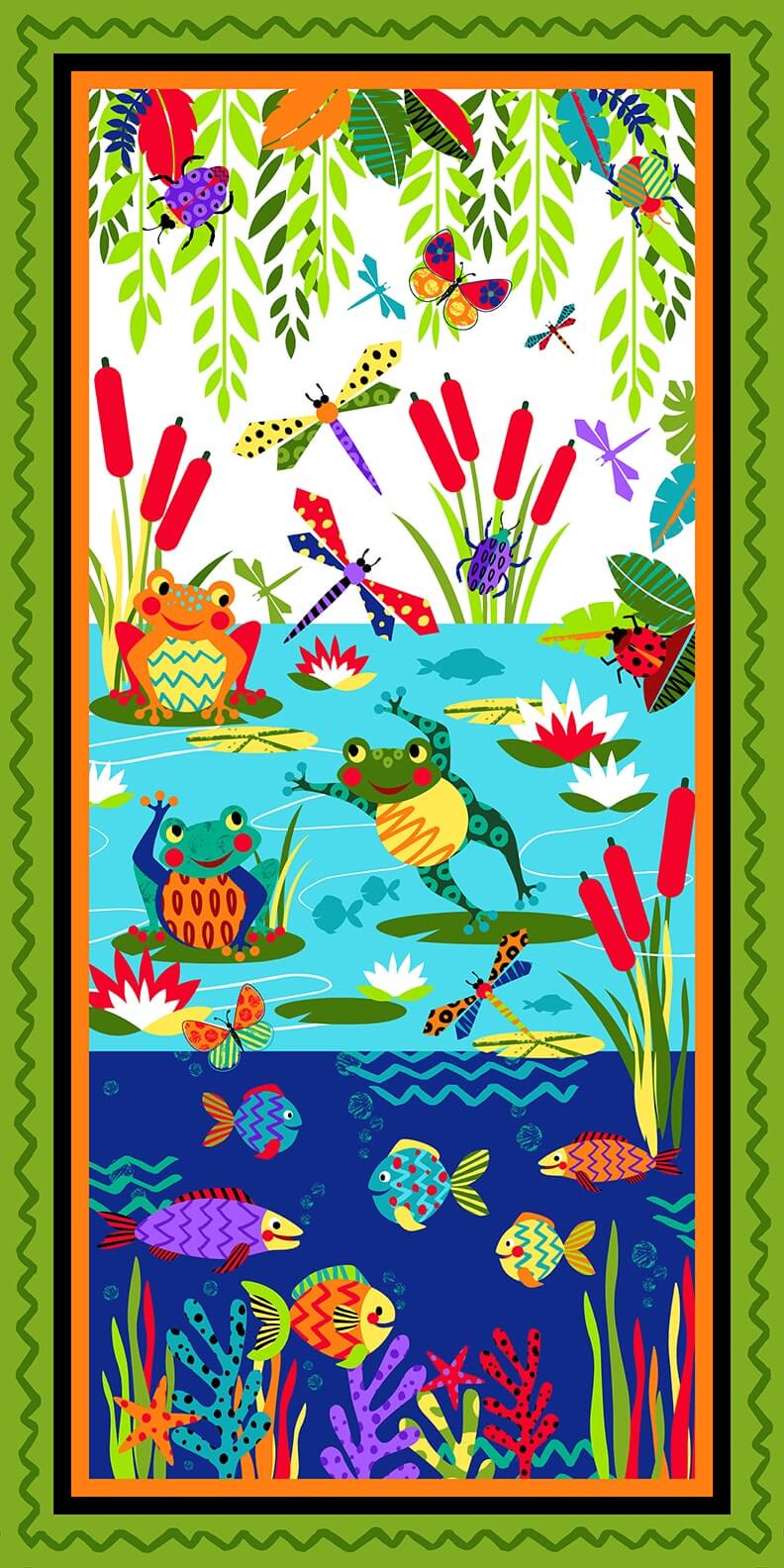 Pond Life fabric panel by Blank Quilting, frog and dragonfly pond print cotton panel 24 x 44 inches
