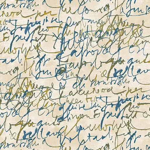 Prussian/Cream Fluidity Script Large Cotton 44”/45" Fabric Per Yard Benartex Inc