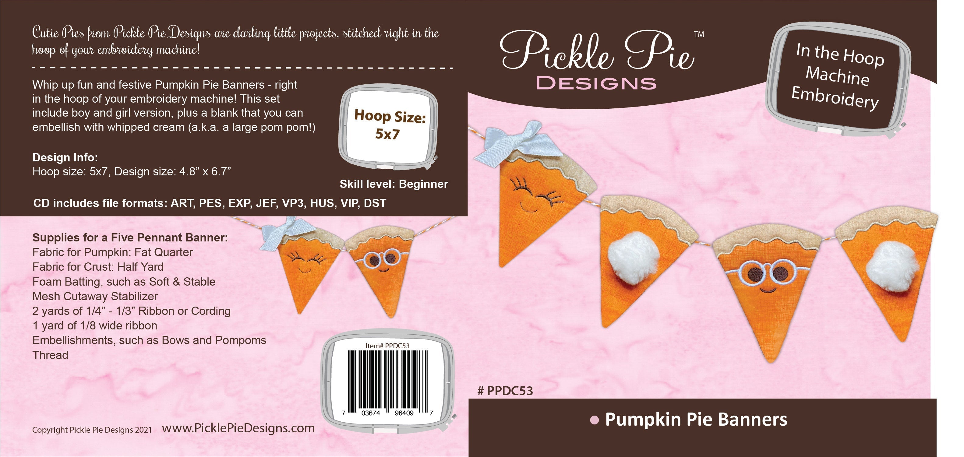 Pumpkin Pie Banner In the Hoop Embroidery Design Collection