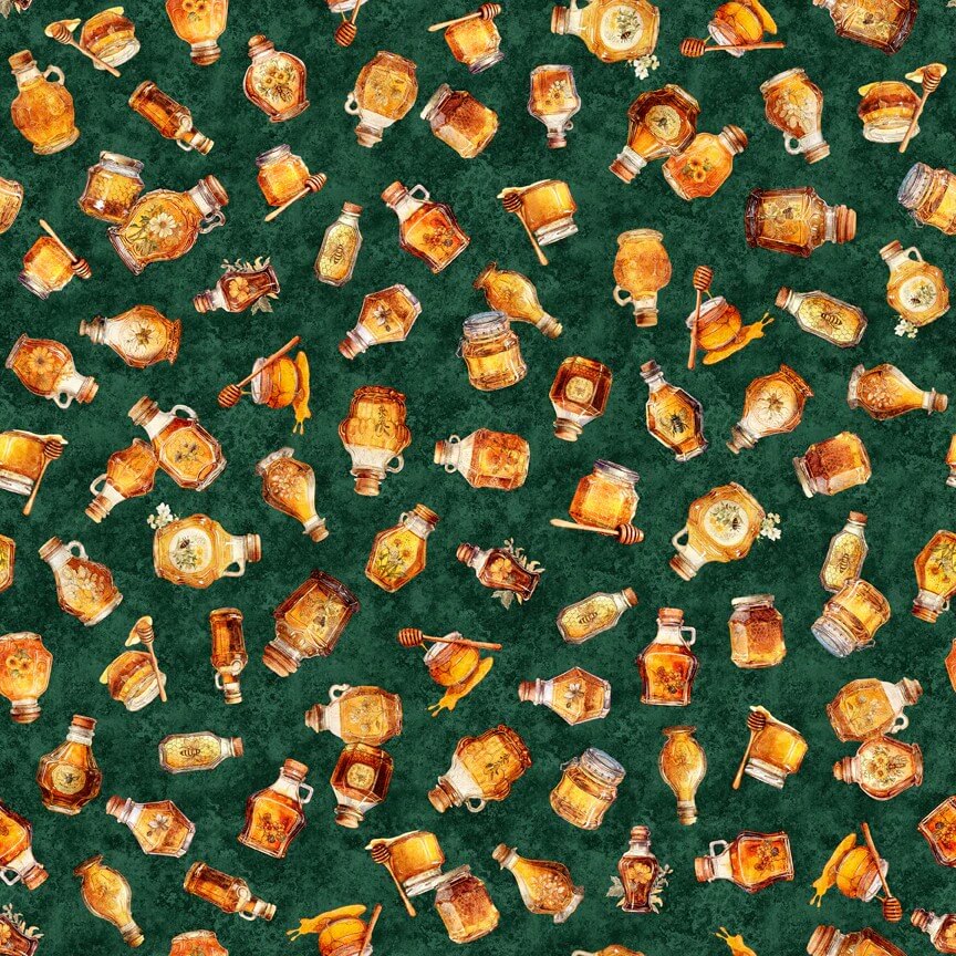 Queen Bee Honey Bottles quilting fabric in forest green by QT Fabrics, honey jar and bee print on green cotton, sold by the yard
