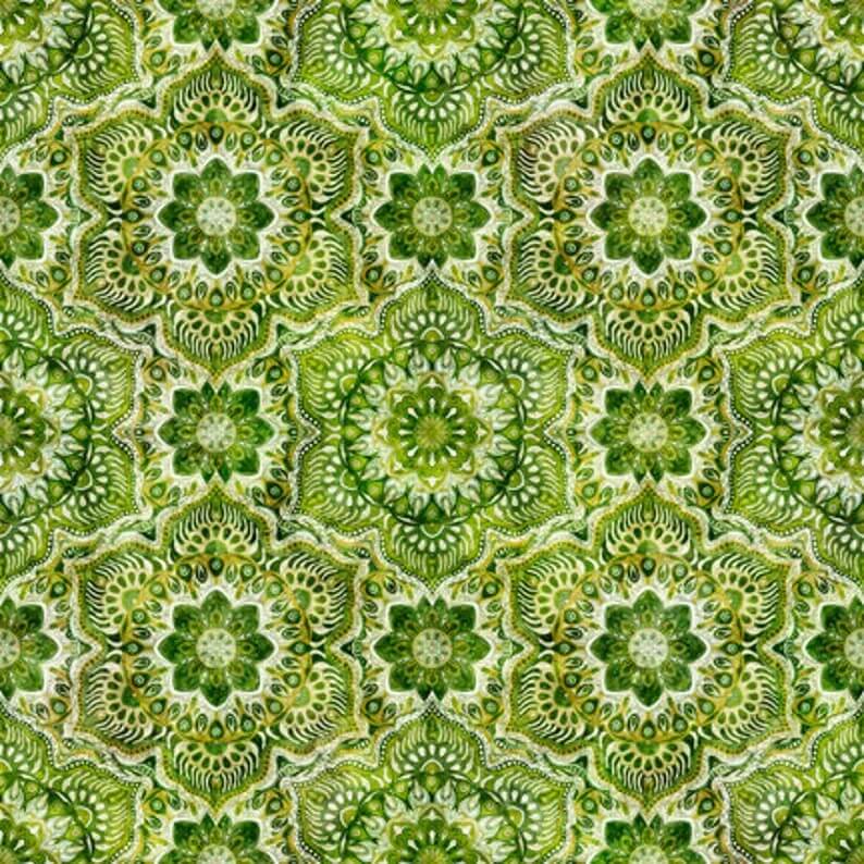Queen Bee - Spice Flower Medallion - Green 44" / 45" Fabric Per Yard The Fabric Company