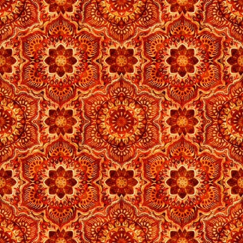 Queen Bee Spice Flower Medallion quilting fabric in orange by QT Fabrics, floral medallion print on orange cotton, sold by the yard