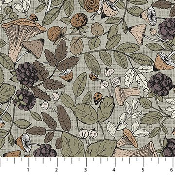 FIGO Grassland mushrooms quilting cotton fabric in Green Multi