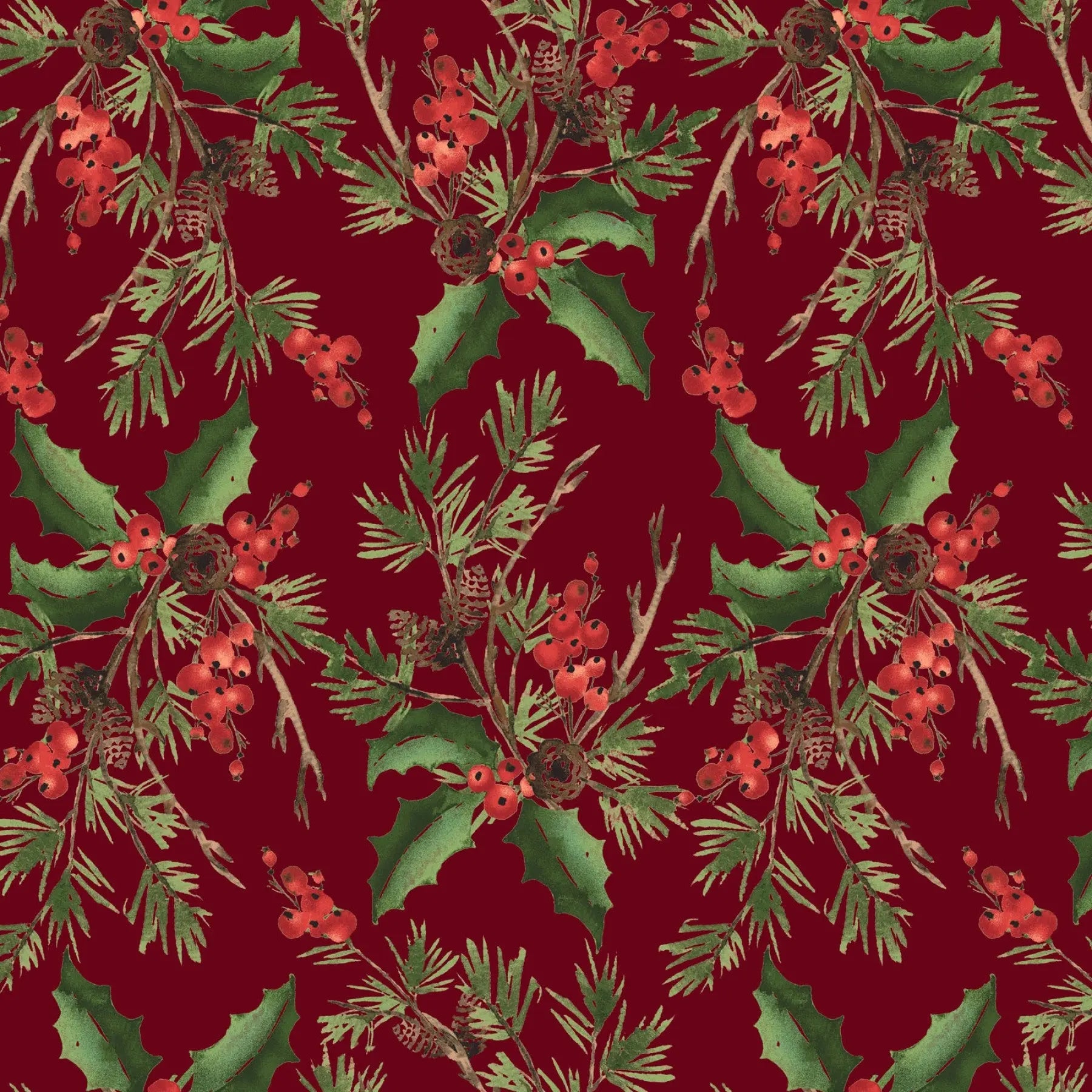 Red Burgandy Holly Bouquet Cotton Wideback Fabric per yard