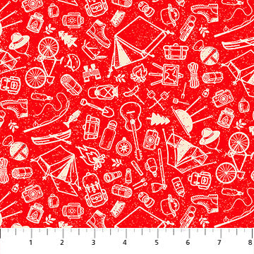 Red Camping Sketches Camping Therapy Cotton 44"/45" Fabric Per Yard